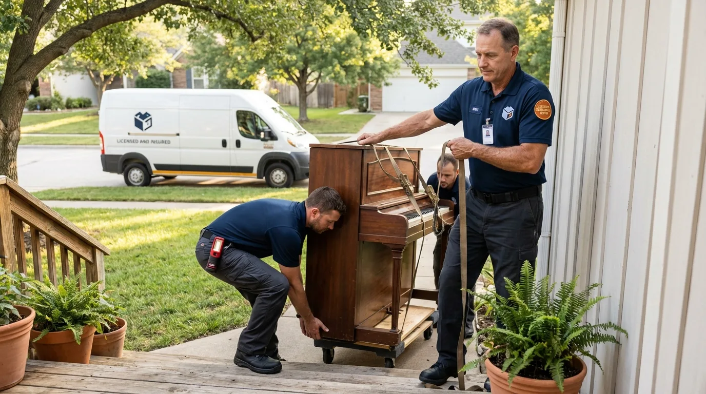 Licensed piano movers securing grand piano in West Hempstead, NY