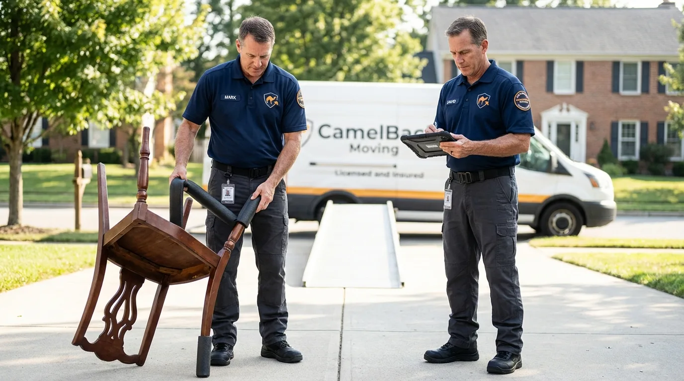 Movers inspecting furniture for damage prevention before loading in West Hempstead, NY
