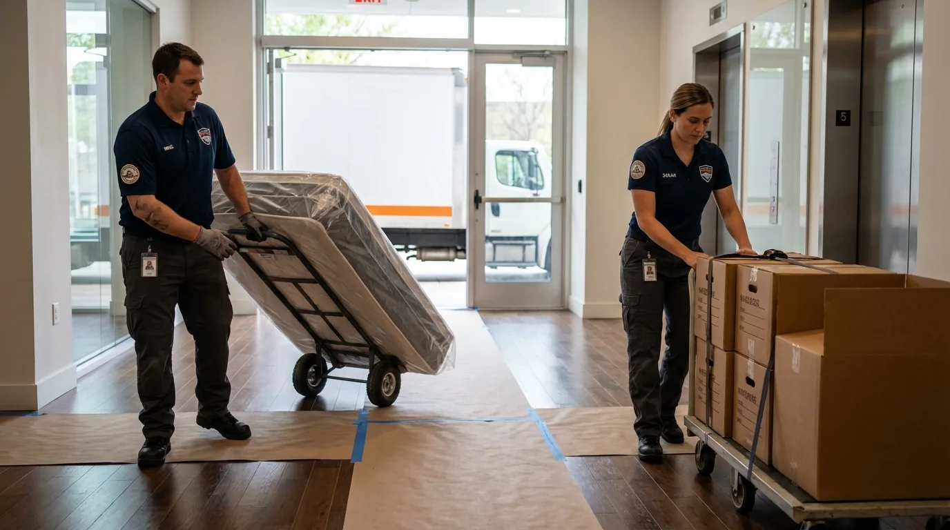 Professional apartment movers loading elevator in West Hempstead, NY