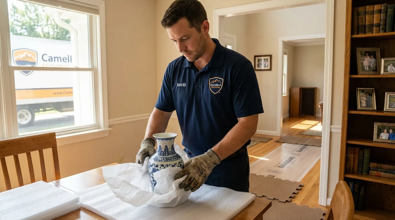 Professional crew carefully wrapping antique vase for senior downsizing move in West Hempstead, NY