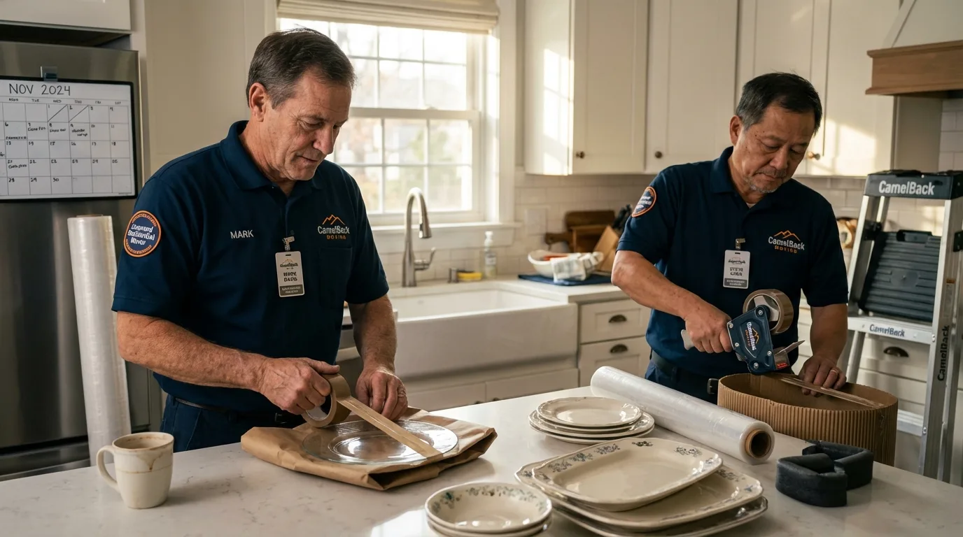 Professional crew packing kitchen dishware in West Hempstead, NY