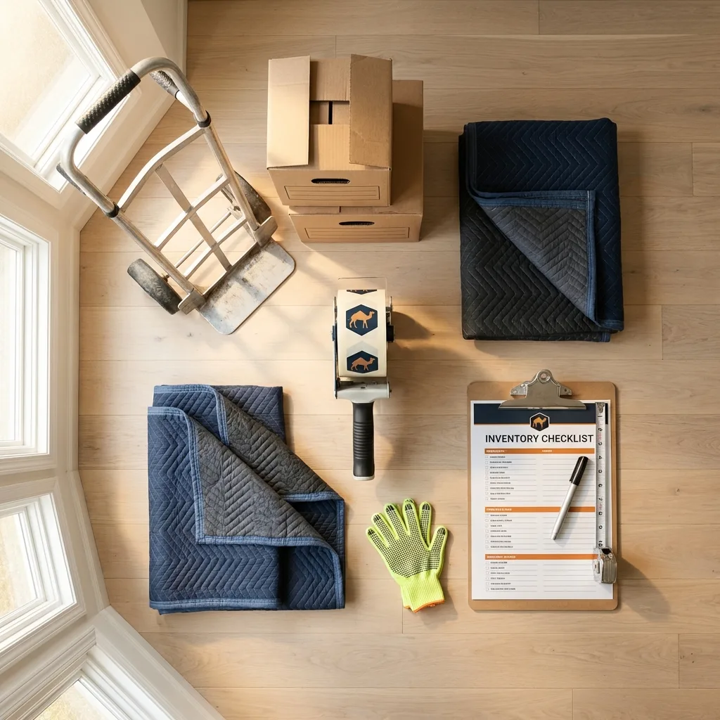Professional moving supplies and packing materials layout for West Hempstead residential relocations